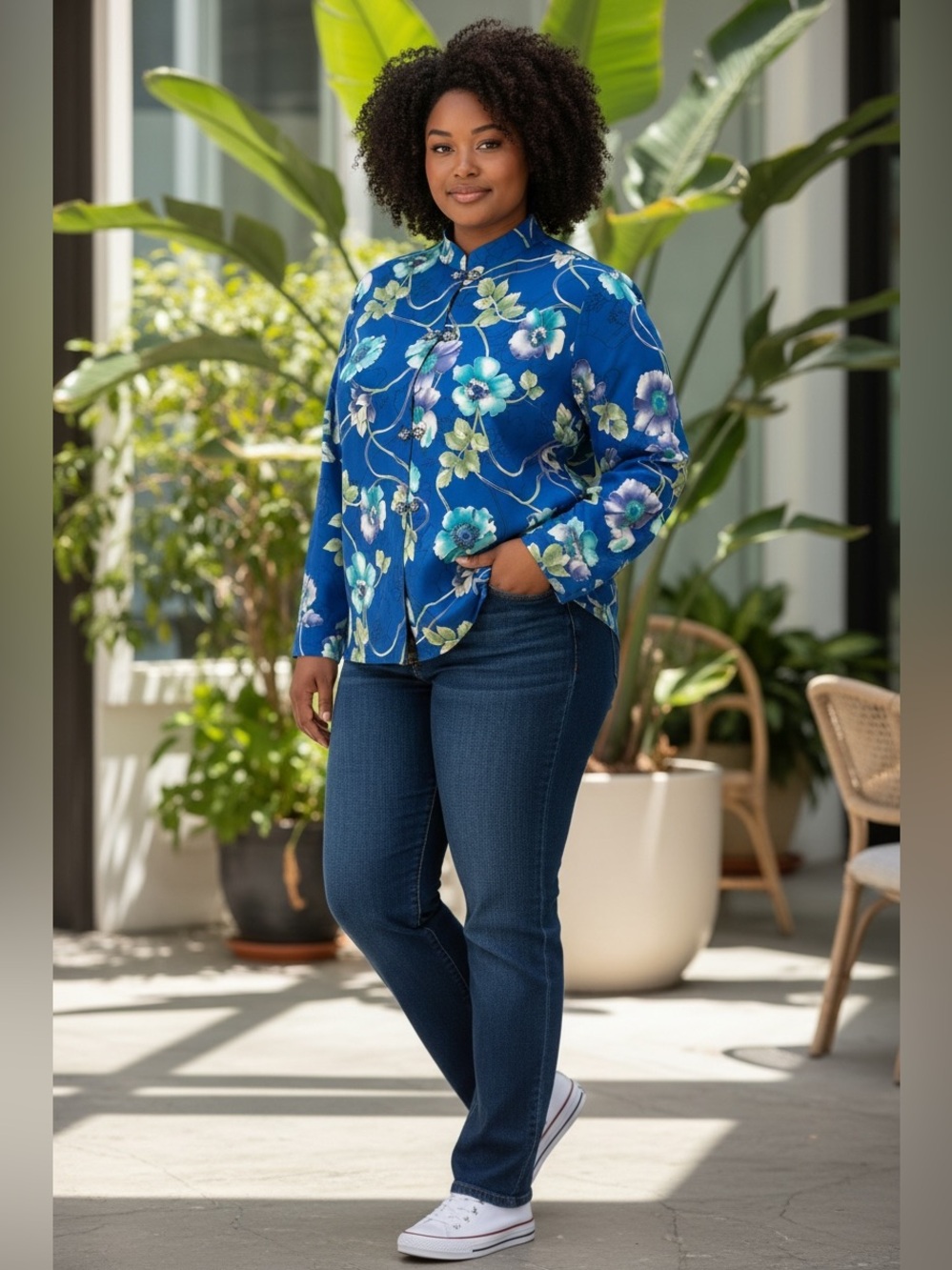 Women's Blue Floral Mandarin-Style Button Down Top
